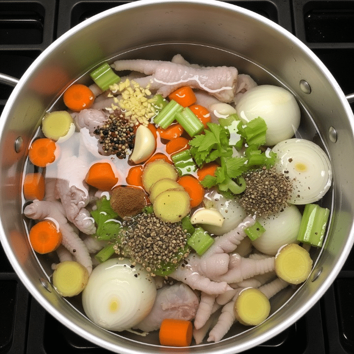 Best Gut-Healing Collagen Broth Recipes (Beyond Bone Broth) 6 Raw chicken bones, sautéed vegetables, whole black peppercorns, bay leaves, and apple cider vinegar in a large stockpot being filled with filtered water to make bone broth.
