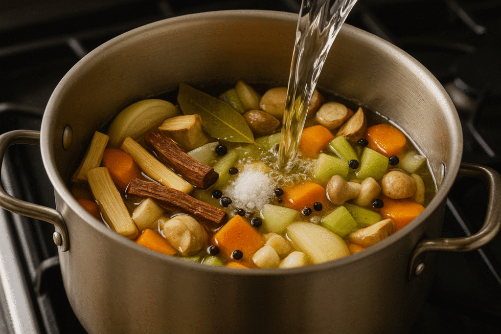 DIY Adaptogen-Infused Broth (Astragalus & Rhodiola Recipe) 6 Water being poured into a pot filled with vegetables, Astragalus and Rhodiola roots, bay leaves, peppercorns, and salt, just before simmering.