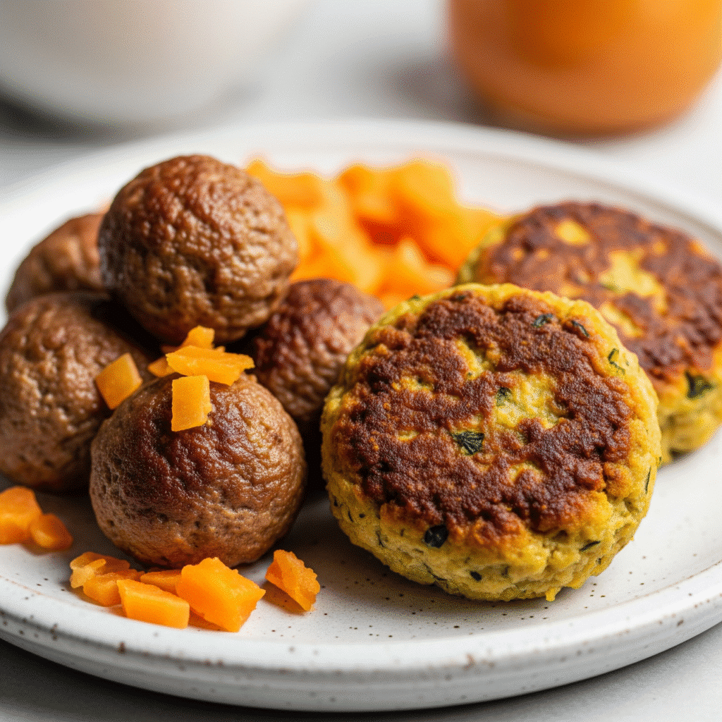 Your Guide to Using Leftover Broth Pulp (Nutrient-Dense Recipes) 3 Juicy meatballs or veggie burgers on a plate, with a subtle texture hinting at the hidden vegetable boost from leftover broth pulp, emphasizing a nutritious and resourceful meal.