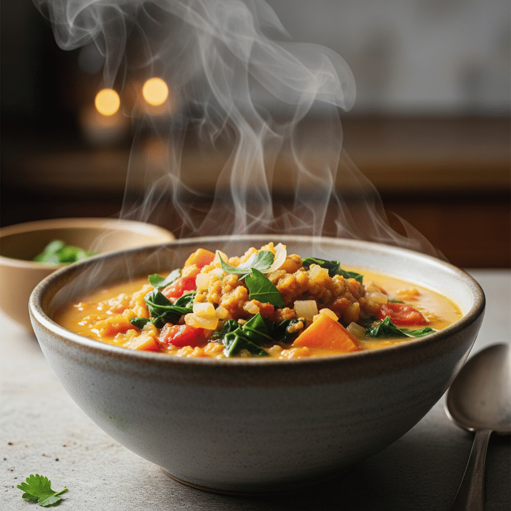 Your Guide to Using Leftover Broth Pulp (Nutrient-Dense Recipes) 4 A steaming bowl of creamy vegetable soup, with a rich texture from blended leftover broth pulp, or a hearty stew, showcasing added goodness and a zero-waste approach.