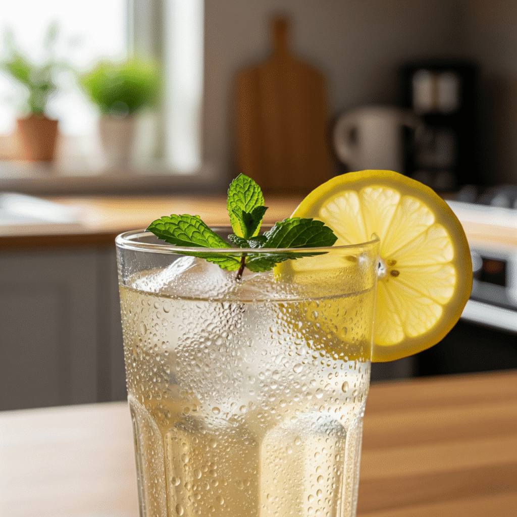 How to Make Beginner-Friendly Water Kefir (Step-by-Step Guide) 7 A close-up photo of a chilled glass of water kefir, garnished with a mint leaf and a lemon slice. Condensation is visible on the glass. The background is a blurred kitchen setting.
