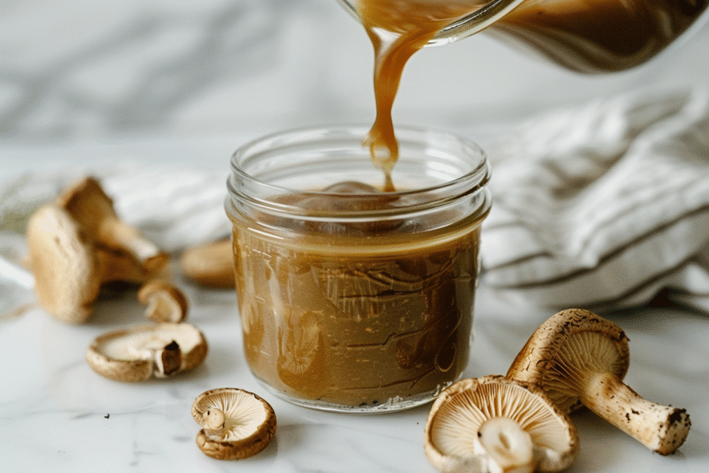 How To Make Immune-Boosting Mushroom Broth 6 Clear Glass Jar of Mushroom Broth