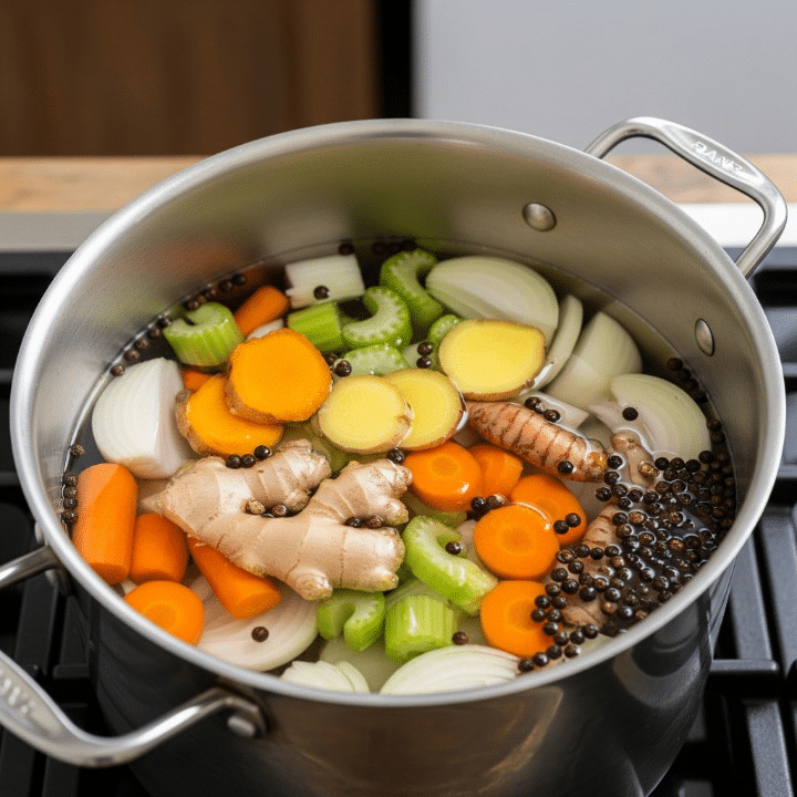 How to Prepare Anti-Inflammatory Turmeric Ginger Broth 6 Sautéed vegetables, ginger, turmeric, whole black peppercorns, and salt in a pot, with filtered water being poured over them, ready to simmer into an anti-inflammatory broth.