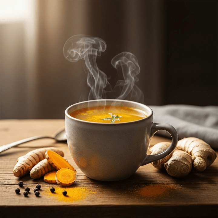 A steaming ceramic mug of golden anti-inflammatory turmeric ginger broth on a rustic wooden surface, with fresh turmeric and ginger roots nearby, bathed in warm natural light, emphasizing comfort and natural wellness.