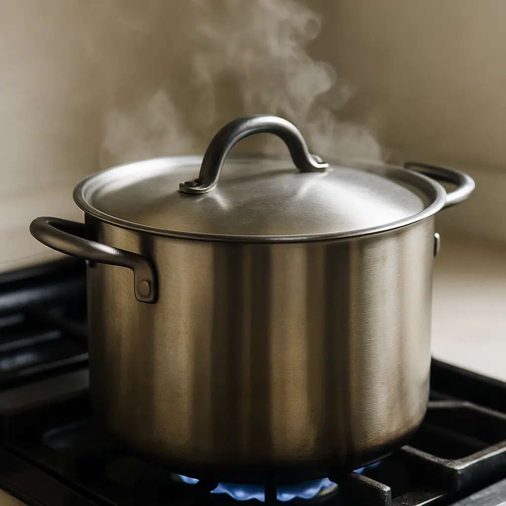DIY Adaptogen-Infused Broth (Astragalus & Rhodiola Recipe) 7 A stainless steel stockpot with steam escaping from under the lid, gently simmering over low heat on a gas stovetop.