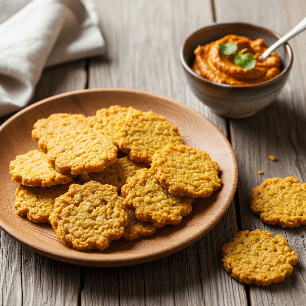 Your Guide to Using Leftover Broth Pulp (Nutrient-Dense Recipes) 2 Crispy, golden-brown crackers made from leftover broth pulp, displayed on a rustic wooden plate with a small bowl of flavorful dip, showcasing a healthy, zero-waste snack.
