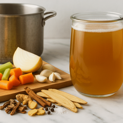 DIY Adaptogen-Infused Broth (Astragalus & Rhodiola Recipe) 2 glass jar filled with golden adaptogen broth sits beside fresh vegetables and dried roots on a cutting board, with a stockpot in the background.