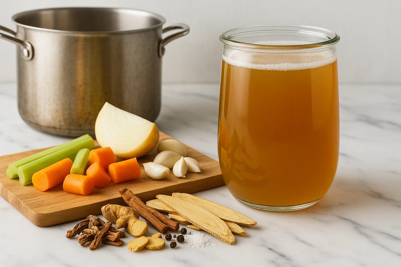 DIY Adaptogen-Infused Broth (Astragalus & Rhodiola Recipe) 1 glass jar filled with golden adaptogen broth sits beside fresh vegetables and dried roots on a cutting board, with a stockpot in the background.