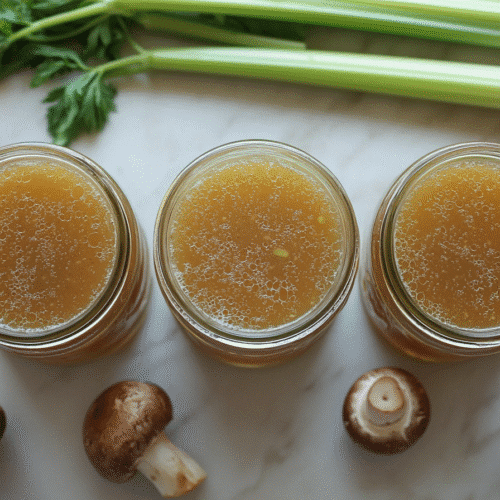 How to Make Mineral-Rich Vegetable Broth (Zero Waste Recipe) 2 Final Mineral-Rich Vegetable Broth in Mason Jars