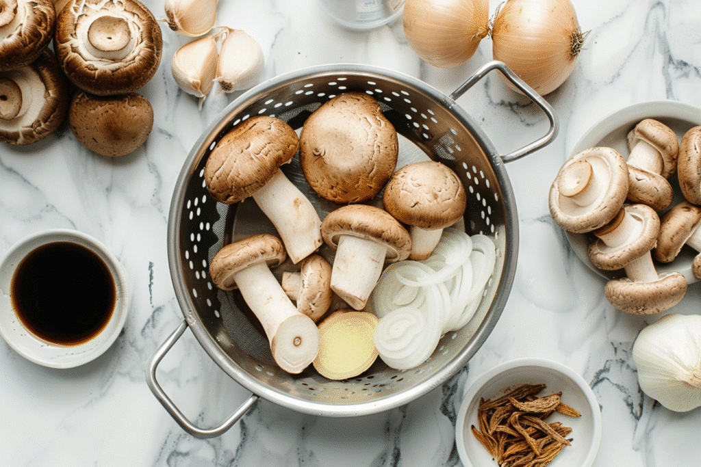 How To Make Immune-Boosting Mushroom Broth 4 Flatlay of Mushroom Broth Ingredients