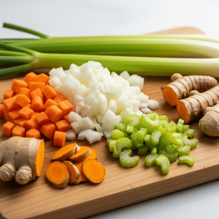 How to Prepare Anti-Inflammatory Turmeric Ginger Broth 4 Roughly chopped onions, carrots, celery, alongside sliced fresh turmeric and ginger roots on a wooden cutting board, ready for making anti-inflammatory broth.