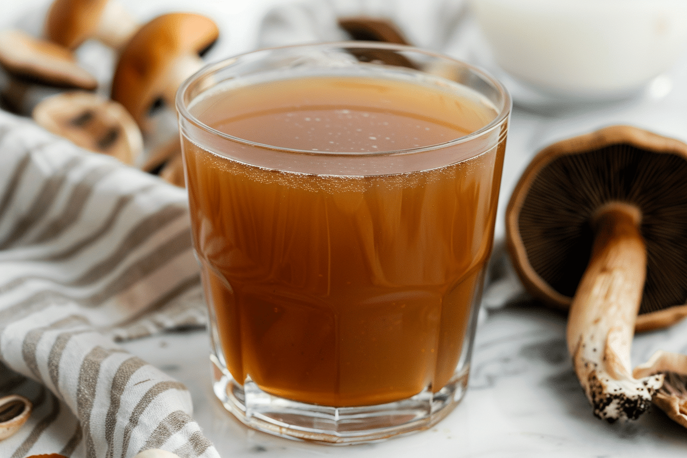 Homemade Mushroom Broth in Glass Jar on Marble Surface