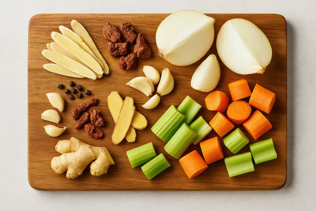 DIY Adaptogen-Infused Broth (Astragalus & Rhodiola Recipe) 4 Neatly arranged dried Astragalus and Rhodiola roots, chopped onion, garlic, ginger, carrots, and celery on a wooden cutting board.