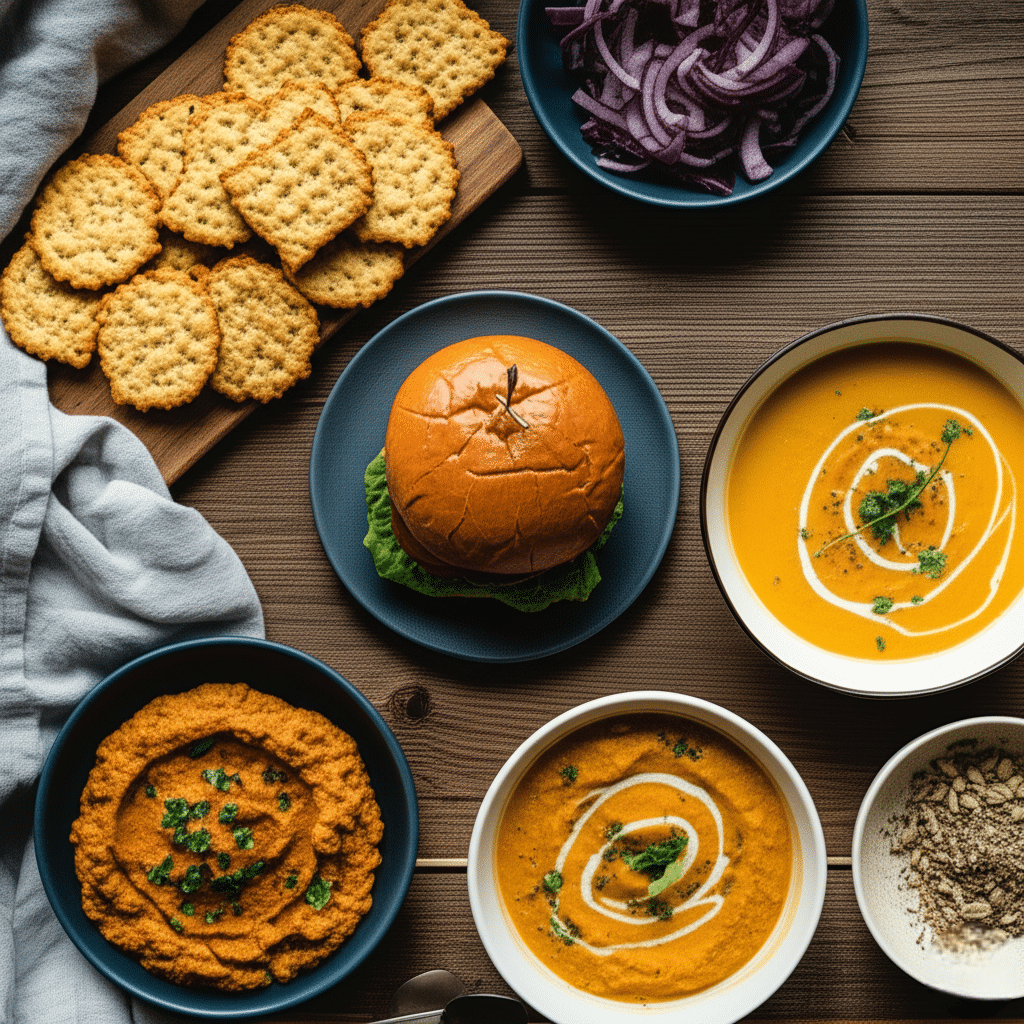 A variety of dishes made from leftover broth pulp arranged on a rustic wooden table, including crackers on a cutting board, veggie burgers on plates, a creamy soup in a bowl, and a dip garnished with herbs, showcasing resourceful and zero-waste cooking.
