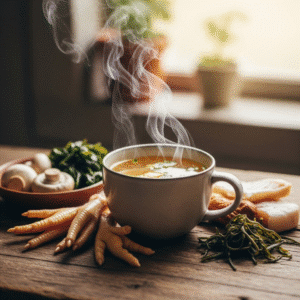 Best Gut-Healing Collagen Broth Recipes (Beyond Bone Broth) 2 Steaming mug of golden bone broth with visible steam, surrounded by raw chicken bones, vegetables (carrots, celery, onion), and herbs on a rustic wooden surface, illustrating the ingredients for homemade bone broth.