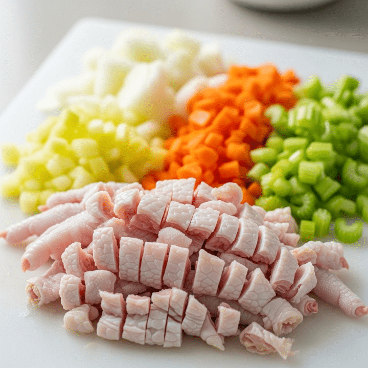 Best Gut-Healing Collagen Broth Recipes (Beyond Bone Broth) 4 Raw chicken bones, roughly chopped yellow onions, bright orange carrots, and fresh green celery stalks neatly arranged on a wooden cutting board before making bone broth.