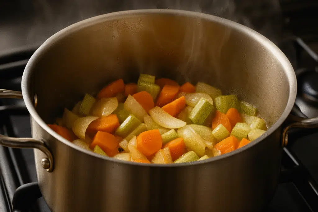 DIY Adaptogen-Infused Broth (Astragalus & Rhodiola Recipe) 5 Chopped onions, carrots, and celery sautéing in a stainless steel pot on the stovetop with a warm golden glow and rising steam.