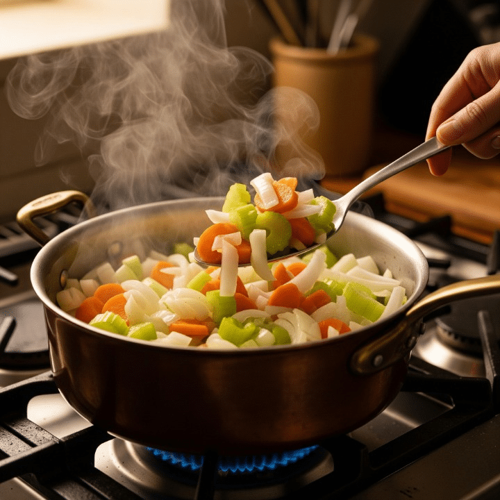 Best Gut-Healing Collagen Broth Recipes (Beyond Bone Broth) 5 Diced yellow onions, carrots, and celery sautéing in a stainless steel pot on a stovetop, releasing fragrant steam as the base for homemade bone broth.
