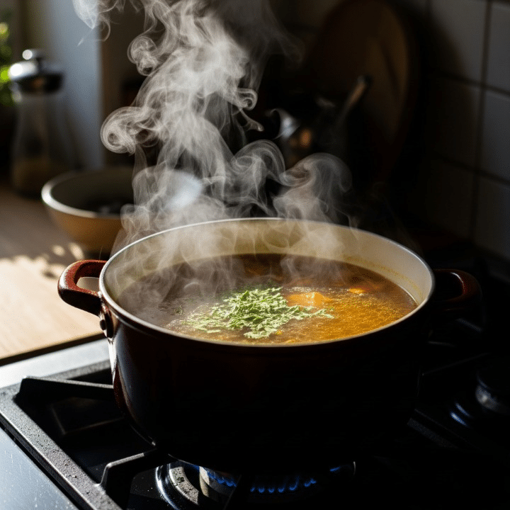 Best Gut-Healing Collagen Broth Recipes (Beyond Bone Broth) 7 A large stockpot with a lid, gently simmering bone broth on a stovetop, with soft steam escaping, indicating the slow cooking process.