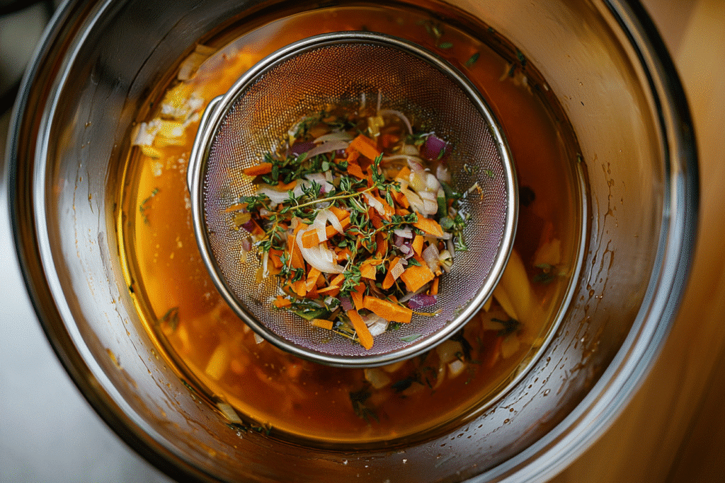 How to Make Mineral-Rich Vegetable Broth (Zero Waste Recipe) 6 Strained Broth with Vegetables in Sieve