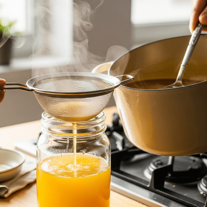 How to Prepare Anti-Inflammatory Turmeric Ginger Broth 8 Vibrant golden anti-inflammatory turmeric ginger broth being carefully strained from a pot through a fine-mesh sieve into a clear glass jar, separating liquid from solids.