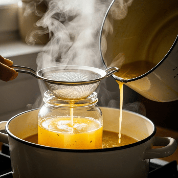Best Gut-Healing Collagen Broth Recipes (Beyond Bone Broth) 8 Golden, clear bone broth being poured from a stockpot through a fine-mesh sieve into a clean glass jar, separating the liquid from the solids.