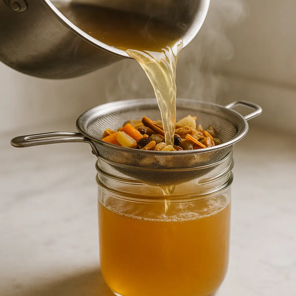 DIY Adaptogen-Infused Broth (Astragalus & Rhodiola Recipe) 8 Golden broth being poured through a fine-mesh sieve into a glass jar, with cooked vegetables and herbs visible in the strainer and steam rising.