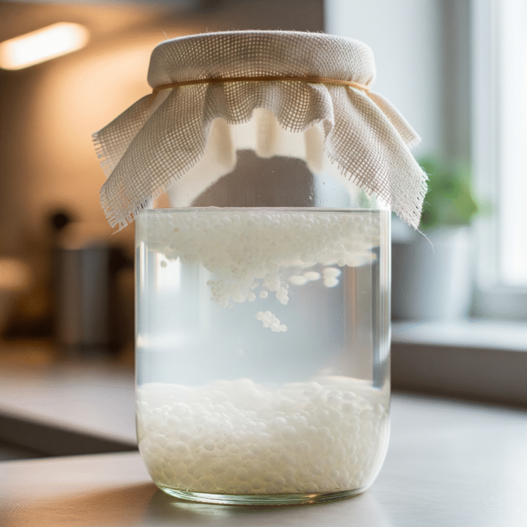 How to Make Beginner-Friendly Water Kefir (Step-by-Step Guide) 4 A close-up photo of a glass jar filled with water kefir during the first fermentation stage. The jar is clear, showing the water and the translucent water kefir grains. A breathable cloth cover is secured with a rubber band on top. The background is a softly lit kitchen counter.