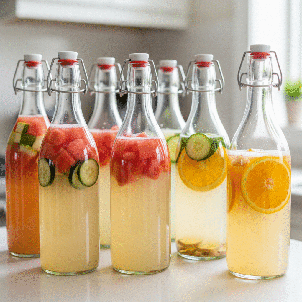 How to Make Beginner-Friendly Water Kefir (Step-by-Step Guide) 6 A photo of swing-top bottles filled with water kefir and various flavorings (fruit pieces, ginger). The bottles are sealed and sitting on a kitchen counter, ready for the second fermentation.