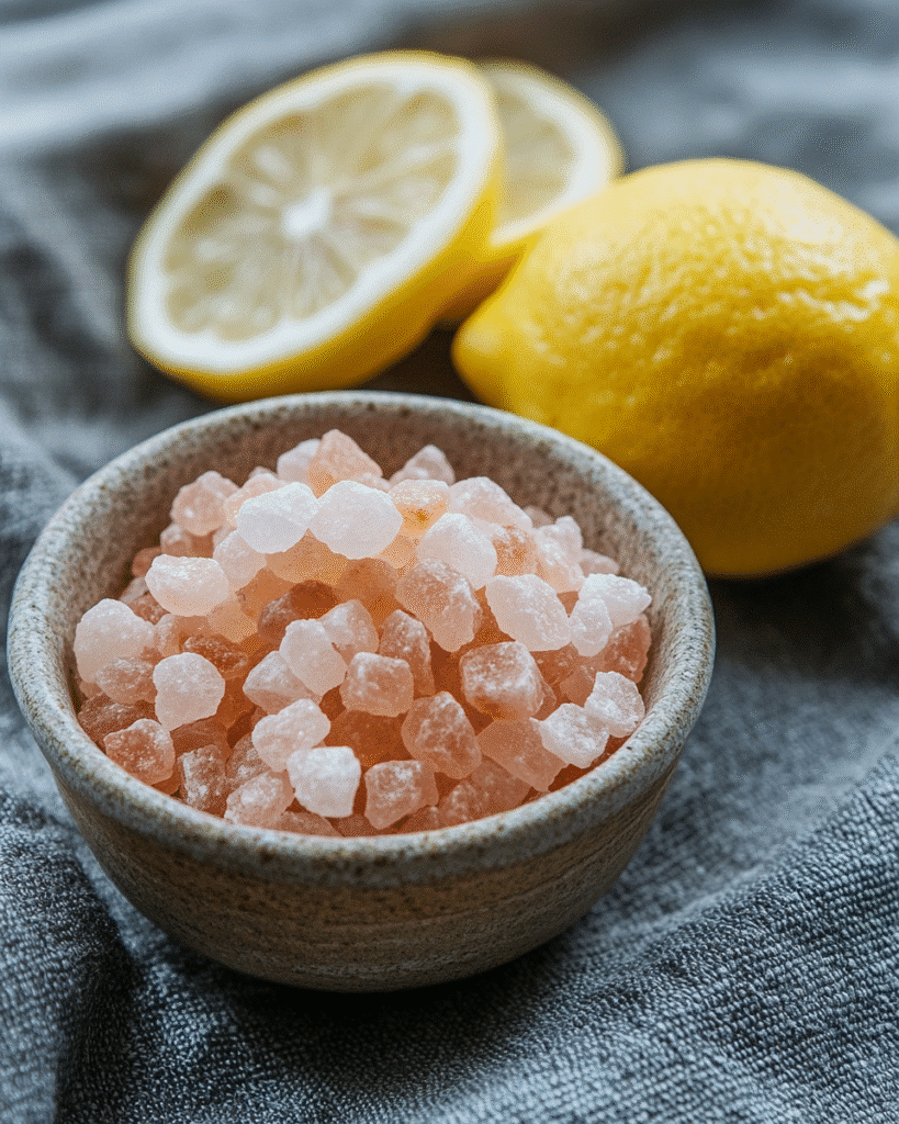 Pink Salt Lemon Water Before Breakfast: Detox and Digestive Boost 2 Close-up of pink Himalayan salt crystals and lemon slices ready for detox water preparation