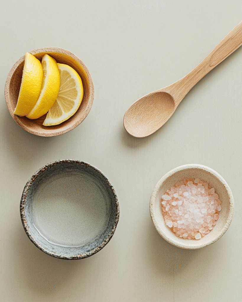 Pink Salt Lemon Water Before Breakfast: Detox and Digestive Boost 3 Warm water, lemon wedges, and pink salt laid out for making a morning detox drink