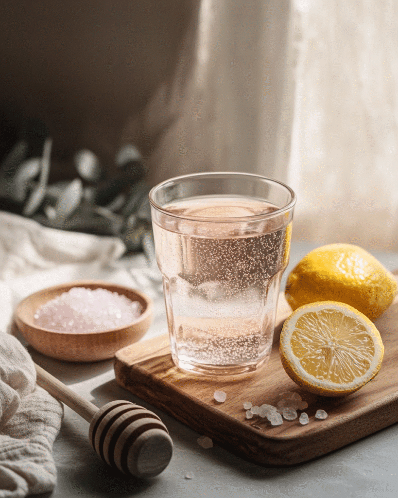 The Pink Salt Trick: Unlock Hidden Uses for Health and Home 3 Glass of warm pink salt water for natural sore throat relief with fine Himalayan salt, lemon, and honey on wooden cutting board