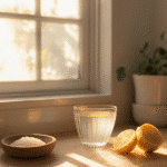A glass of pink salt lemon water on a wooden countertop with lemon slices and Himalayan salt in a morning setting