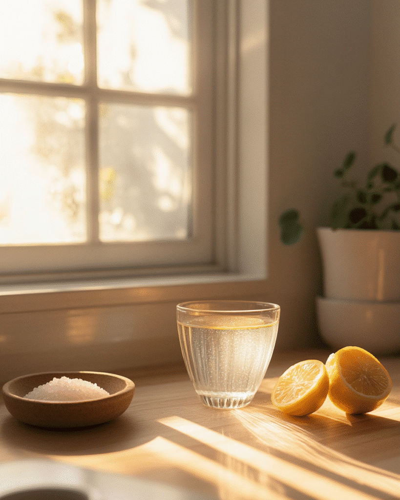 A glass of pink salt lemon water on a wooden countertop with lemon slices and Himalayan salt in a morning setting