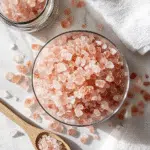 Beautiful overhead flat lay of pink Himalayan salt crystals, glass jar with sole water, wooden spoon, and essential oils on white marble surface for pink salt trick wellness guide