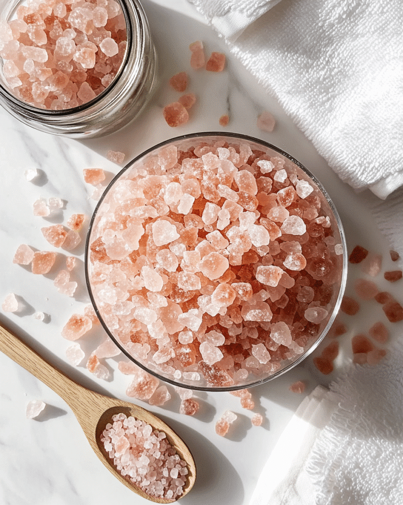 Beautiful overhead flat lay of pink Himalayan salt crystals, glass jar with sole water, wooden spoon, and essential oils on white marble surface for pink salt trick wellness guide