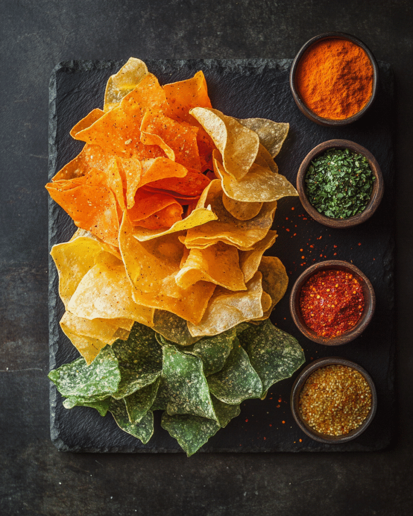 15 Crispy Air Fryer Rice Paper Recipes You’ll Love Instantly 5 Colorful seasoned air fryer rice paper chips on slate serving board