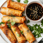 Golden crispy air fryer rice paper spring rolls with dipping sauce on white plate