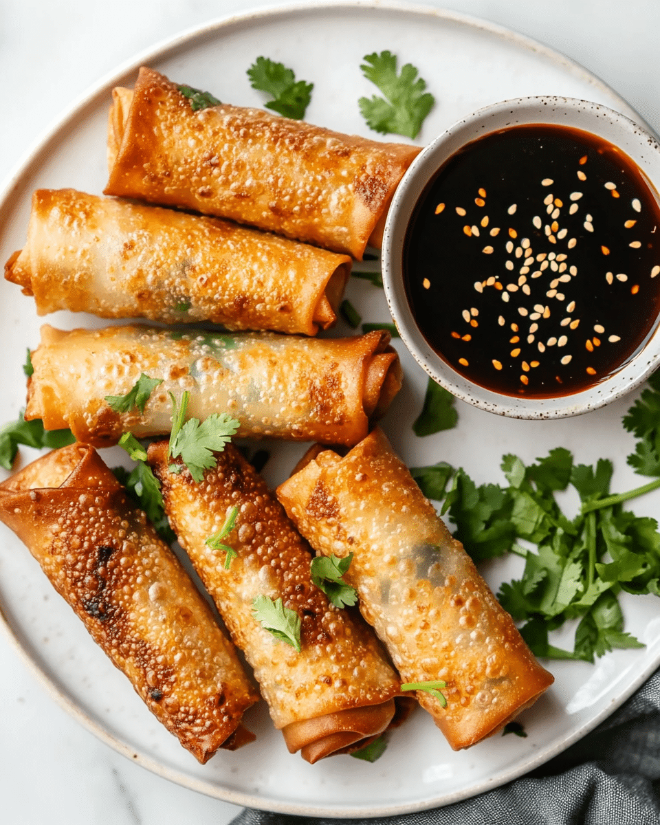 Golden crispy air fryer rice paper spring rolls with dipping sauce on white plate