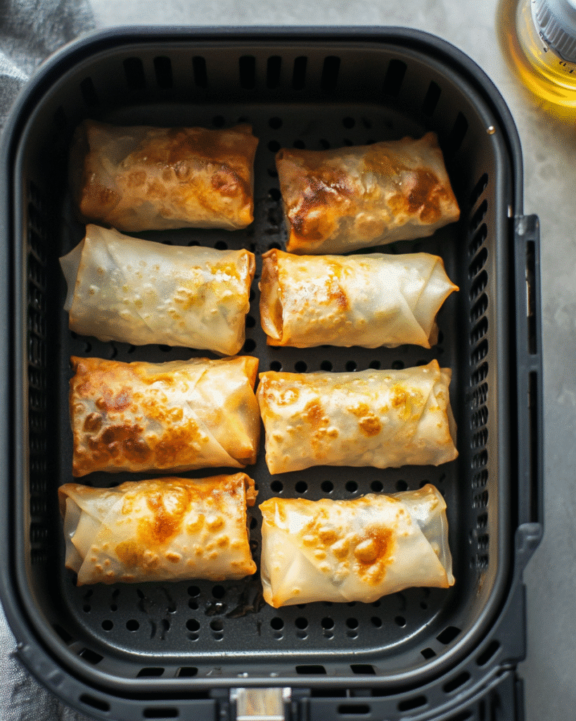 15 Crispy Air Fryer Rice Paper Recipes You’ll Love Instantly 4 Rice paper spring rolls arranged in air fryer basket with proper spacing
